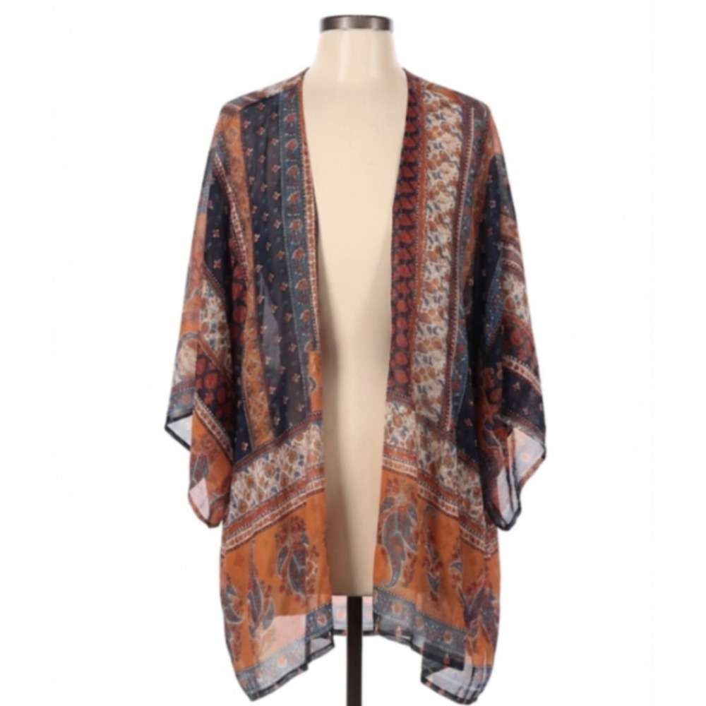 Ganji LA Boho Patchwork Paisley Sheer Chiffon Kimono Cardigan S/M Orange Navy